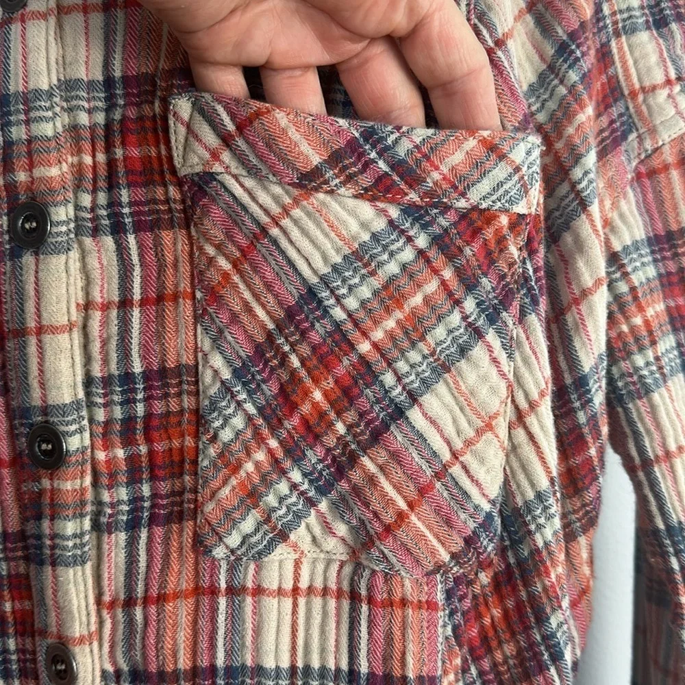 Free People Juniper Ridge Plaid Cotton Shirt Shacket Small Raw Hem Relaxed Fit